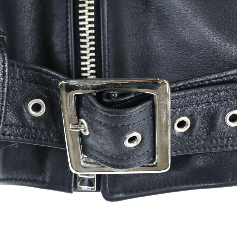 666 LEATHER WEAR(トリプルシックスレザーウェア) タイトフィット フロントベルト ライダースジャケット ブラック LJM-10TF