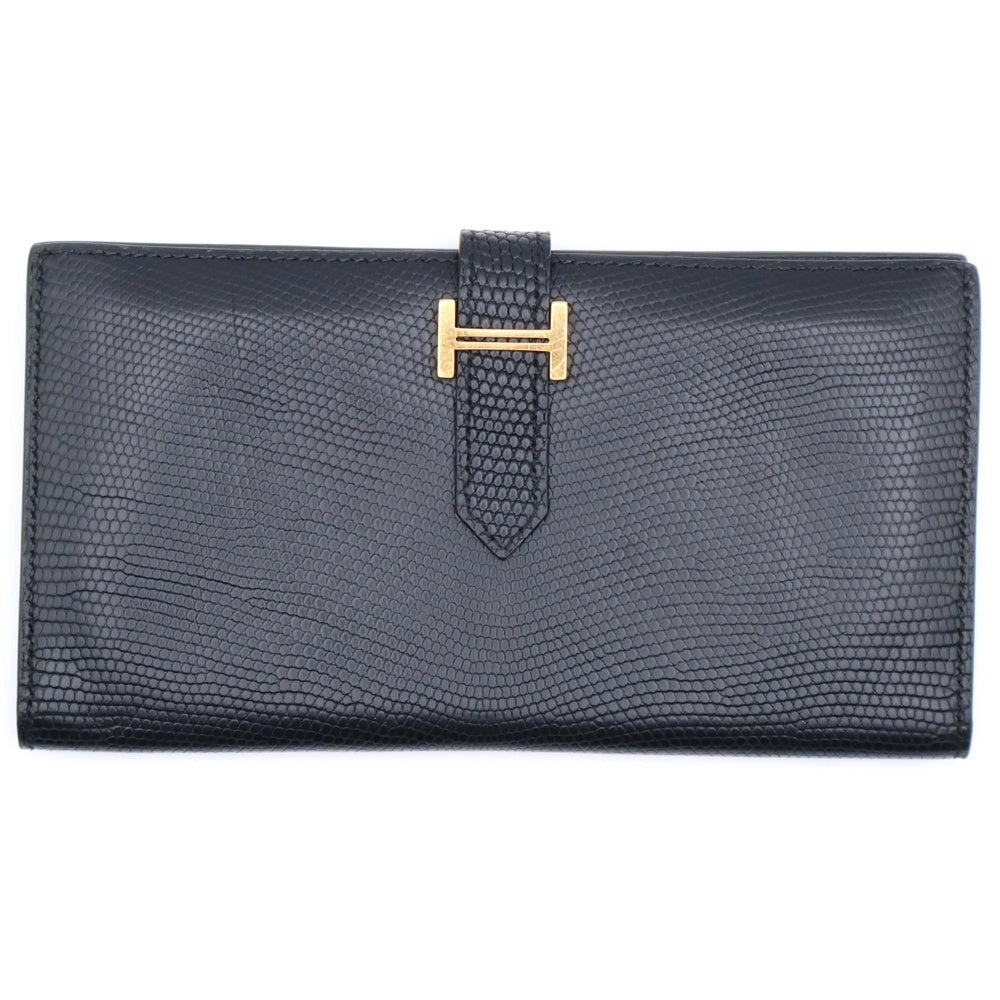HERMES(エルメス) ベアンスフレ リザード □G刻印 ゴールド金具 長財布 ブラック