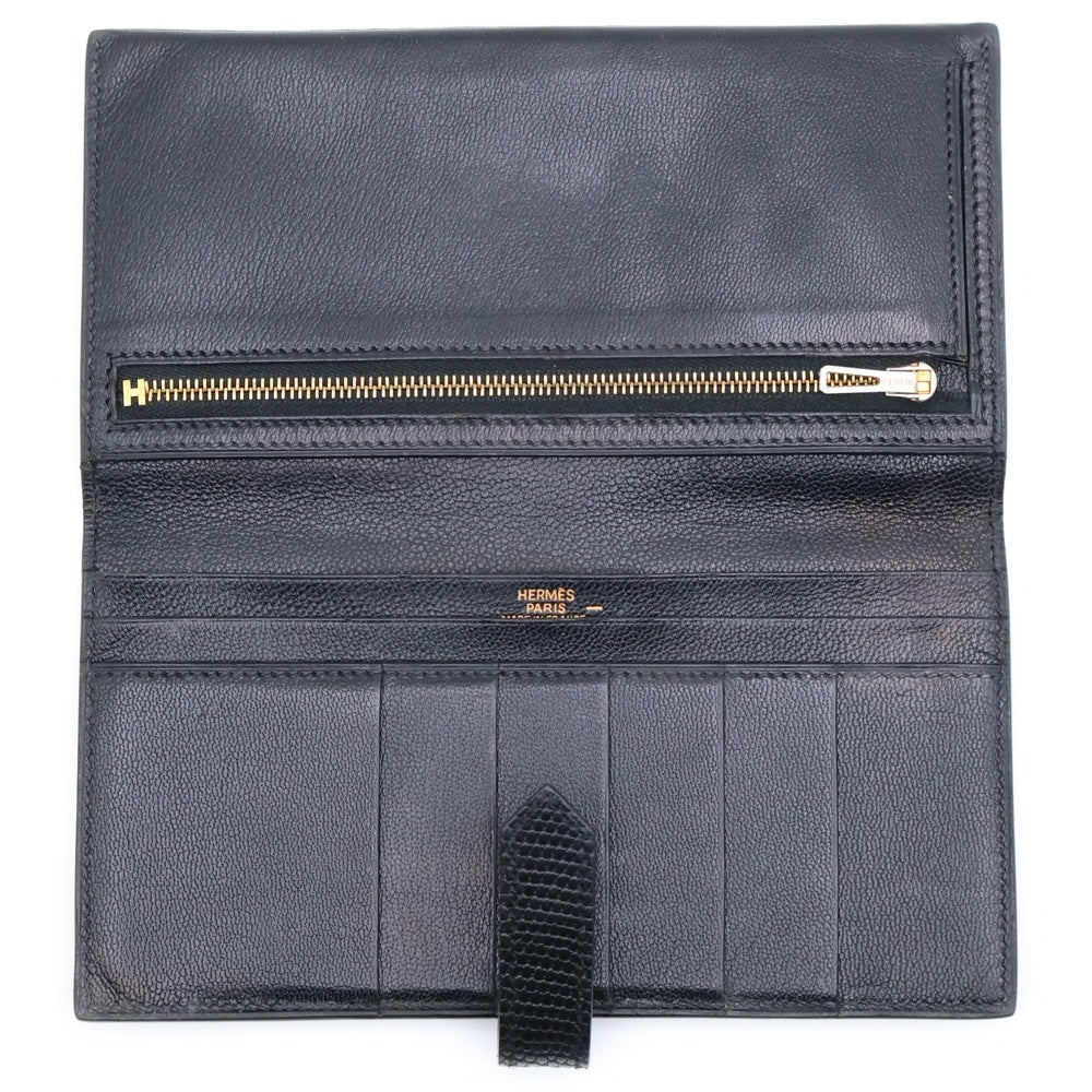 HERMES(エルメス) ベアンスフレ リザード □G刻印 ゴールド金具 長財布 ブラック