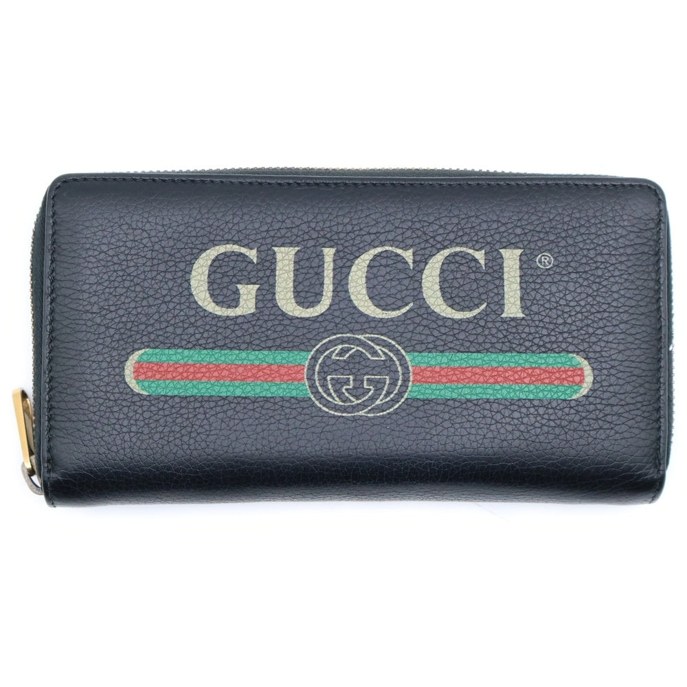 GUCCI(グッチ) ロゴプリント ジップアラウンドウォレット 長財布 レザー ブラック 496317