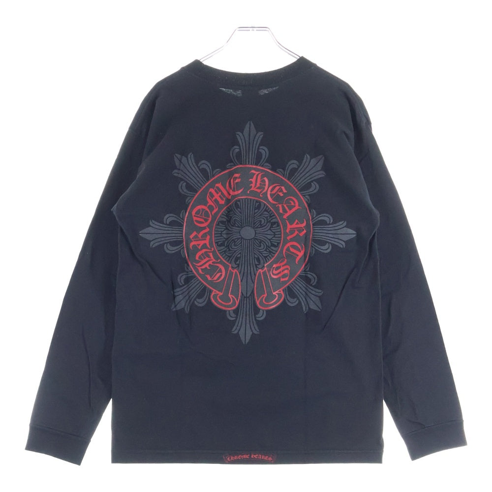 CHROME HEARTS(クロムハーツ) HORSESHOE 両面プリント 胸ポケット ロングスリーブ 長袖Tシャツ ブラック/レッド