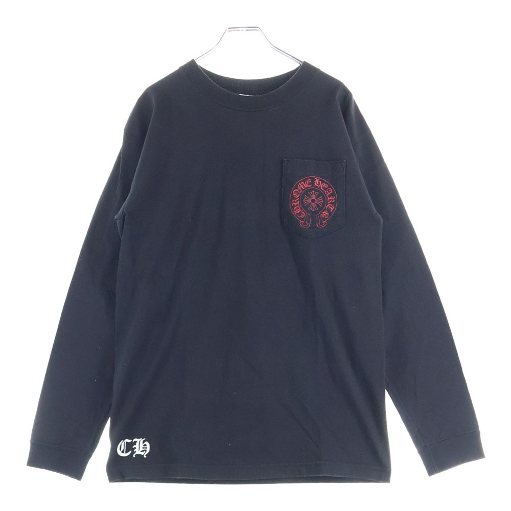 CHROME HEARTS(クロムハーツ) HORSESHOE 両面プリント 胸ポケット ロングスリーブ 長袖Tシャツ ブラック/レッド