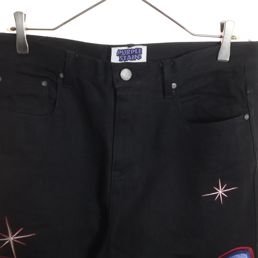 NO BRAND(ノーブランド) PURPLE STAIN SPLAY LOGO DENIM PANTS パープルステイン ブランド刺繍 デニムパンツ ブラック