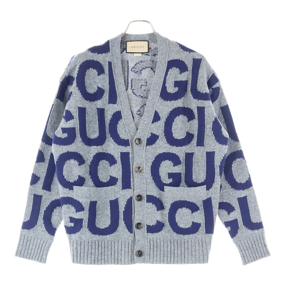 GUCCI(グッチ) 24SS ロゴ総柄 ウール 長袖カーディガン ニット グレー 771707