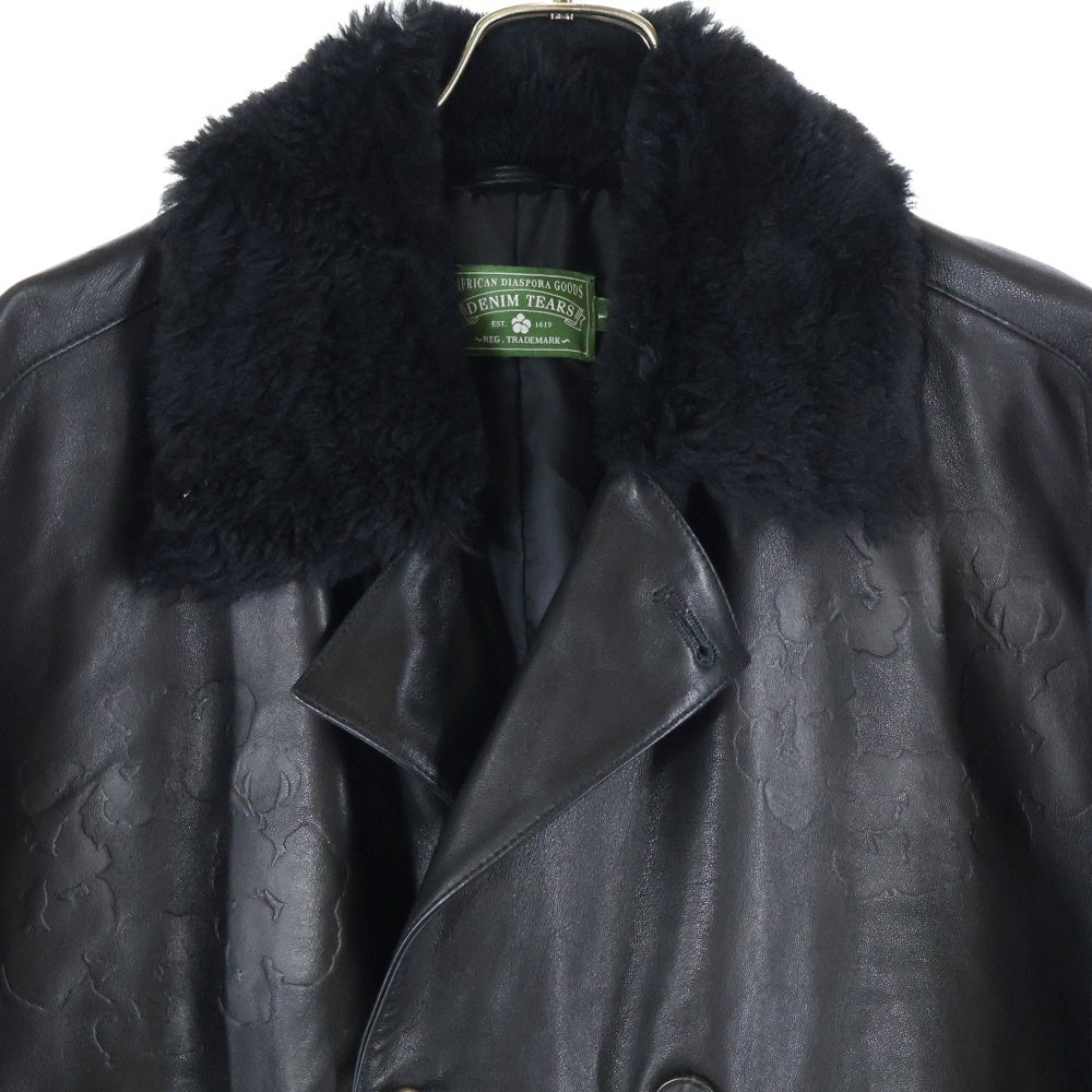DENIM TEARS(デニムティアーズ) 24AW Leather Coat レザーロングコート ボア フラワー ブラック
