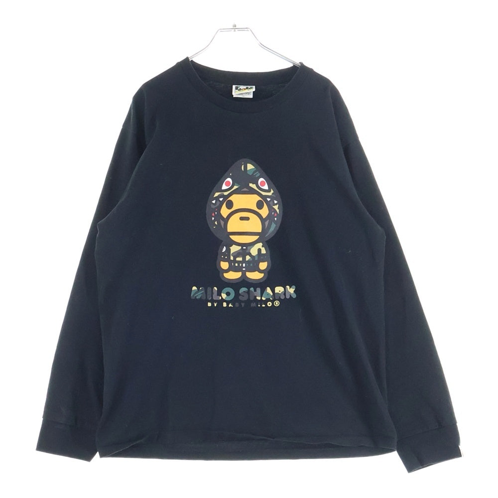 A BATHING APE(アベイシングエイプ) MILO SHARK フロントプリント 長袖Tシャツ カットソー ブラック 002LTL801001M