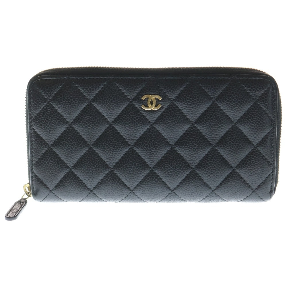 CHANEL(シャネル) ココマーク キャビアスキン クラシック ラウンドファスナー 長財布 ブラック レディース