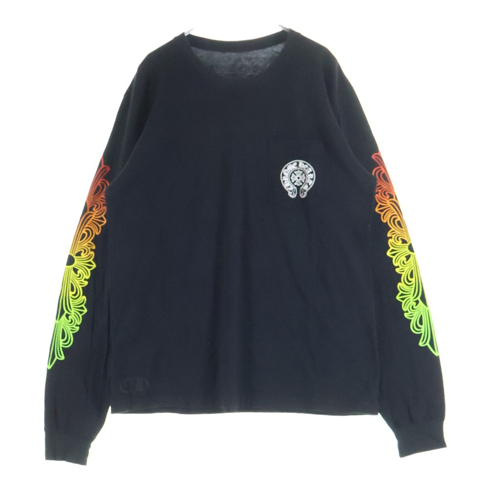 CHROME HEARTS(クロムハーツ) FLRL CRS HORSESHOE LS TEE 袖フローラル ホースシュー マルチカラー ロゴプリント クルーネック ロングスリーブ 長袖Tシャツ カットソー ブラック