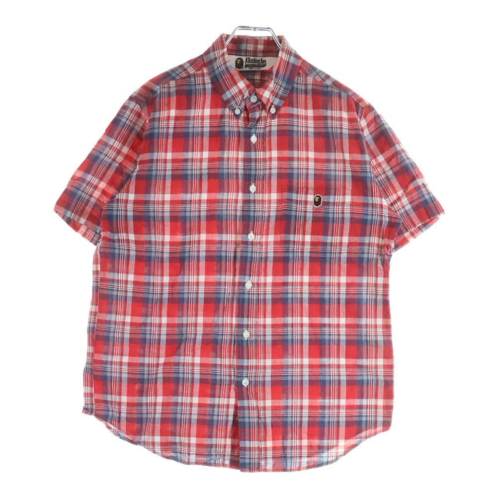 A BATHING APE(アベイシングエイプ) フロントロゴ チェック柄 ポケット半袖シャツ カットソー レッド レディース