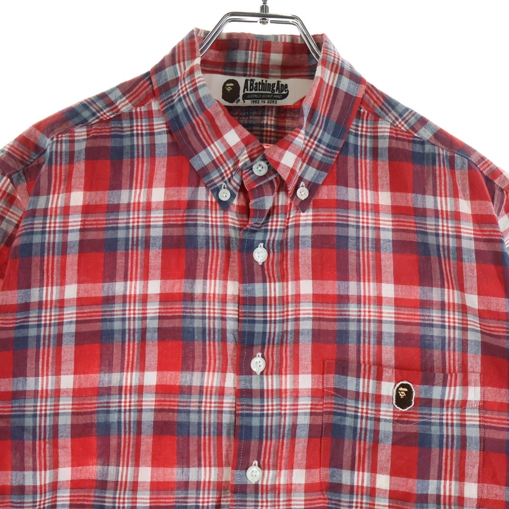 A BATHING APE(アベイシングエイプ) フロントロゴ チェック柄 ポケット半袖シャツ カットソー レッド レディース