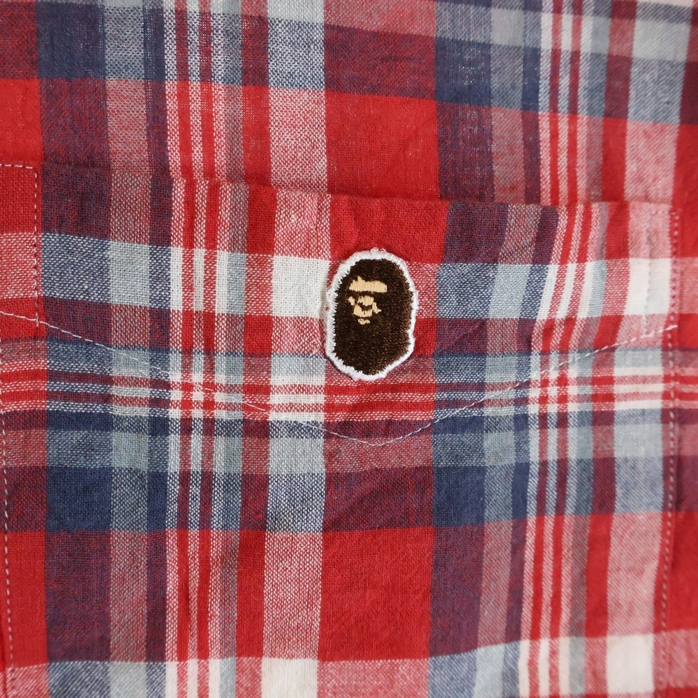 A BATHING APE(アベイシングエイプ) フロントロゴ チェック柄 ポケット半袖シャツ カットソー レッド レディース