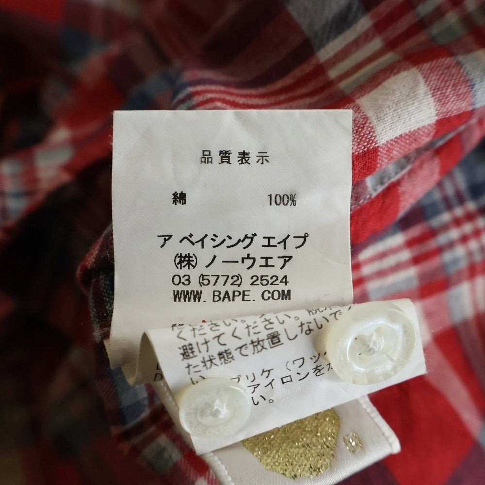 A BATHING APE(アベイシングエイプ) フロントロゴ チェック柄 ポケット半袖シャツ カットソー レッド レディース