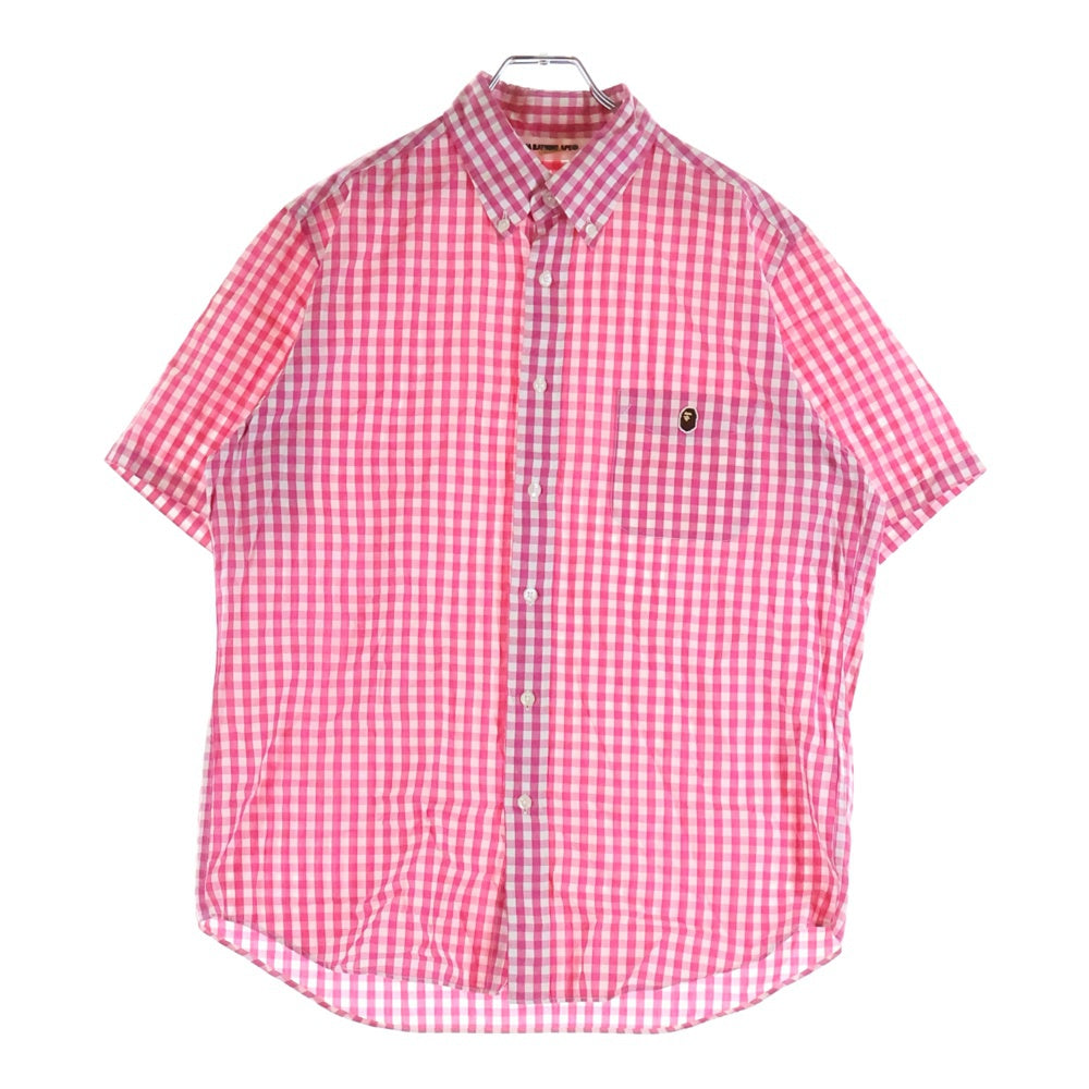 A BATHING APE(アベイシングエイプ) フロントロゴ コットン ギンガムチェック柄 半袖シャツ ピンク