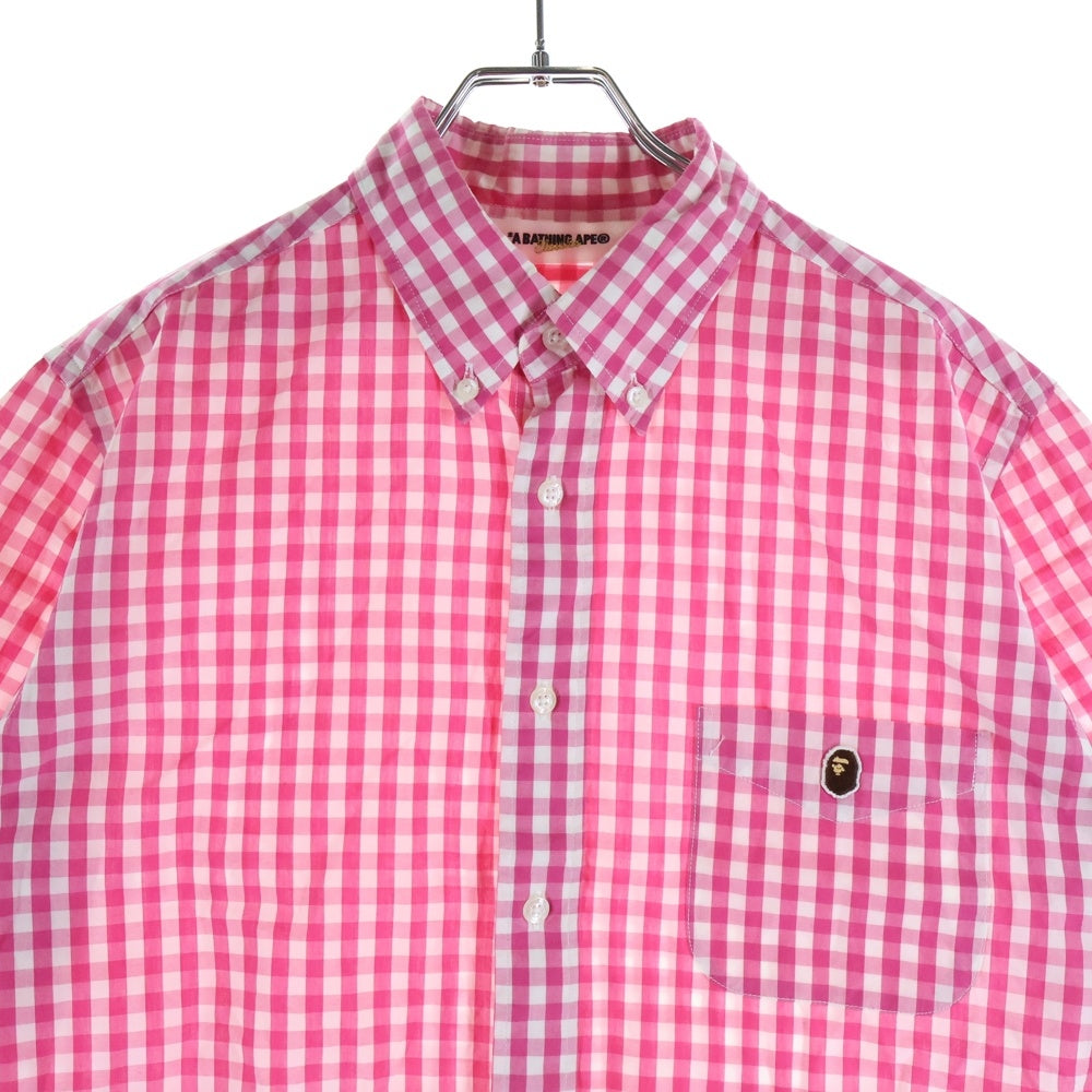 A BATHING APE(アベイシングエイプ) フロントロゴ コットン ギンガムチェック柄 半袖シャツ ピンク