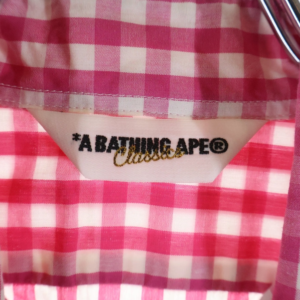 A BATHING APE(アベイシングエイプ) フロントロゴ コットン ギンガムチェック柄 半袖シャツ ピンク
