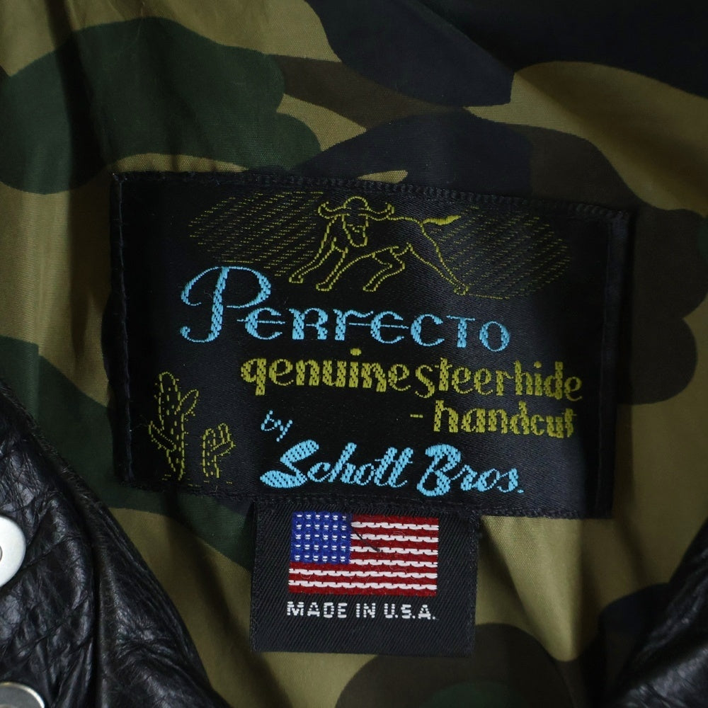 A BATHING APE(アベイシングエイプ) ×Schott ショット 裏地カモ柄 レザーシングル ライダースジャケット ブラック