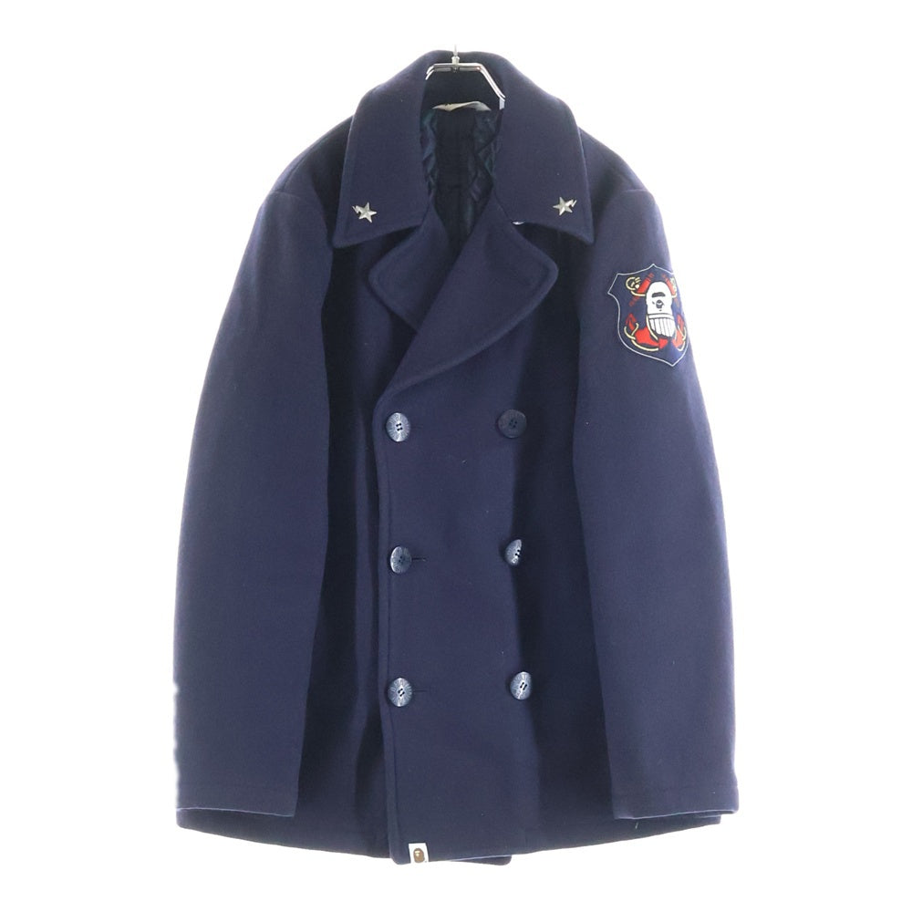 A BATHING APE(アベイシングエイプ) ウール 袖ワッペン Pコート ネイビー