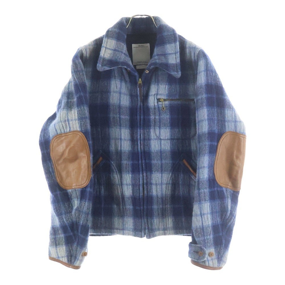 VISVIM(ヴィスヴィム) 14SS BLACKHAWK BLOUSON レザー エルボーパッチ チェック柄 ジップアップ シャツジャケット ブルー 0114205013019