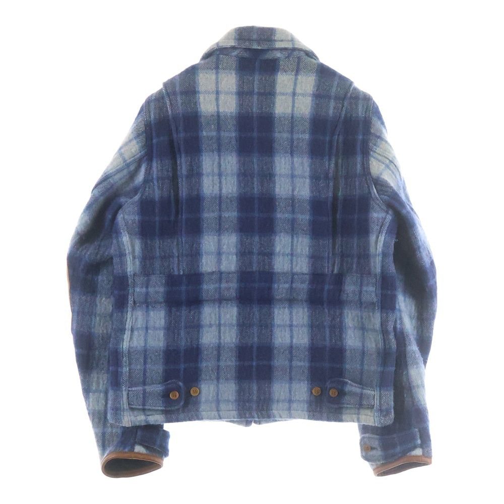 VISVIM(ヴィスヴィム) 14SS BLACKHAWK BLOUSON レザー エルボーパッチ チェック柄 ジップアップ シャツジャケット ブルー 0114205013019