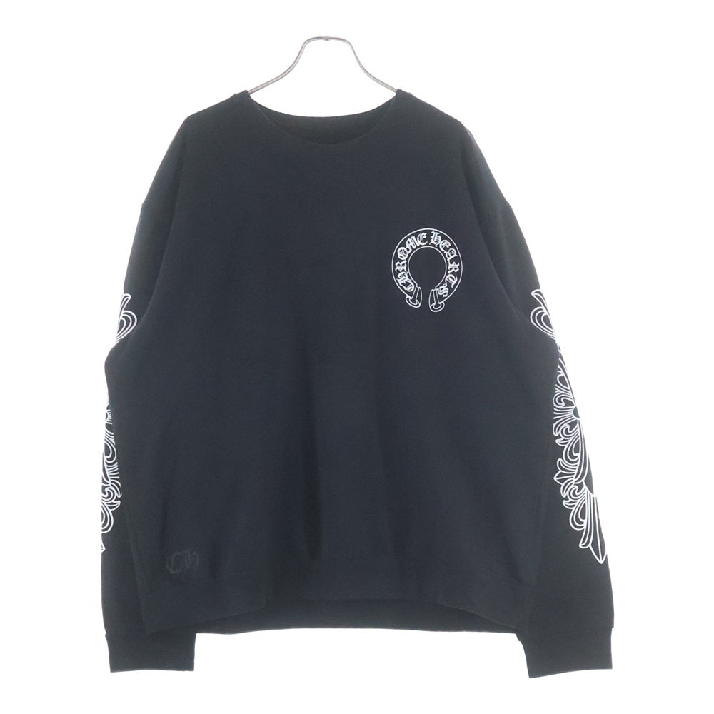 CHROME HEARTS(クロムハーツ) Horseshoe Crewneck Sweatshirt ホースシュープリント 袖フローラル クルーネックスウェットトレーナー ブラック