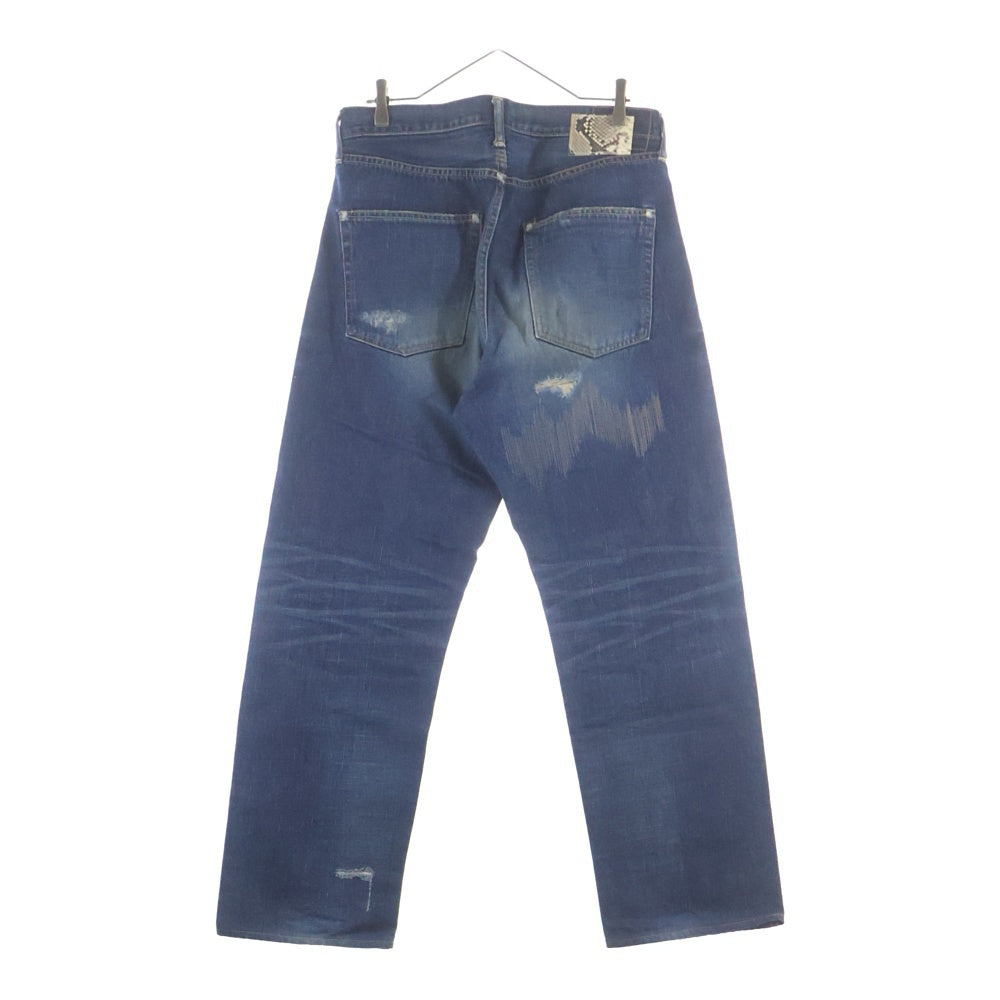 VISVIM(ヴィスヴィム) FLUXUS DENIM パイソンパッチ ボタンフライ ダメージ ストレートデニムパンツ インディゴ