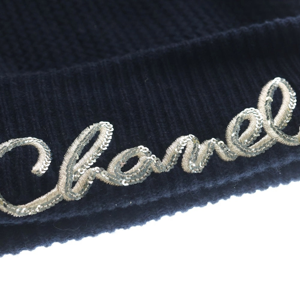 CHANEL(シャネル) スパンコールロゴ カシミヤビーニー ニット帽 ネイビー AA8313
