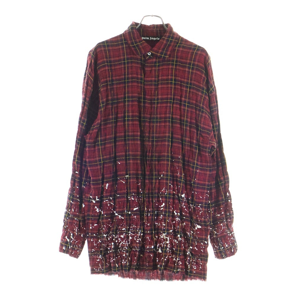 Palm Angels(パームエンジェルス) 20AW FLANNEL CURVED LOGO OVERSHIRT アーチロゴ ペイント加工 フランネル 長袖シャツ レッド PMGA079F20FAB001