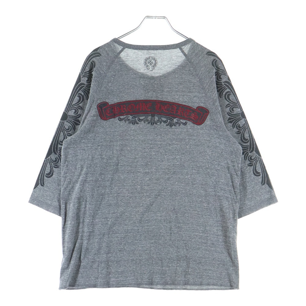 CHROME HEARTS(クロムハーツ) 袖フローラル バックスクロールラベル ラグランスリーブ 七分袖ヘンリーネックTシャツ カットソー グレー