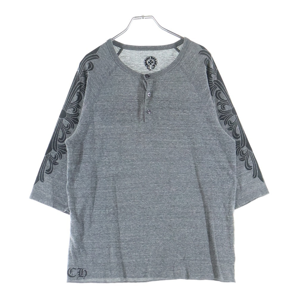 CHROME HEARTS(クロムハーツ) 袖フローラル バックスクロールラベル ラグランスリーブ 七分袖ヘンリーネックTシャツ カットソー グレー