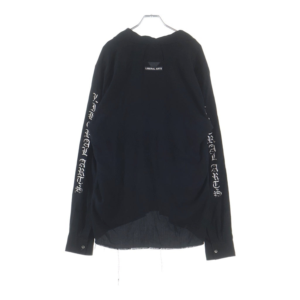 NO BRAND(ノーブランド) LIBERAL ARTS(リベラルアーツ) カッターシャツ 長袖シャツ 袖ロゴ ダメージ加工 ブラック