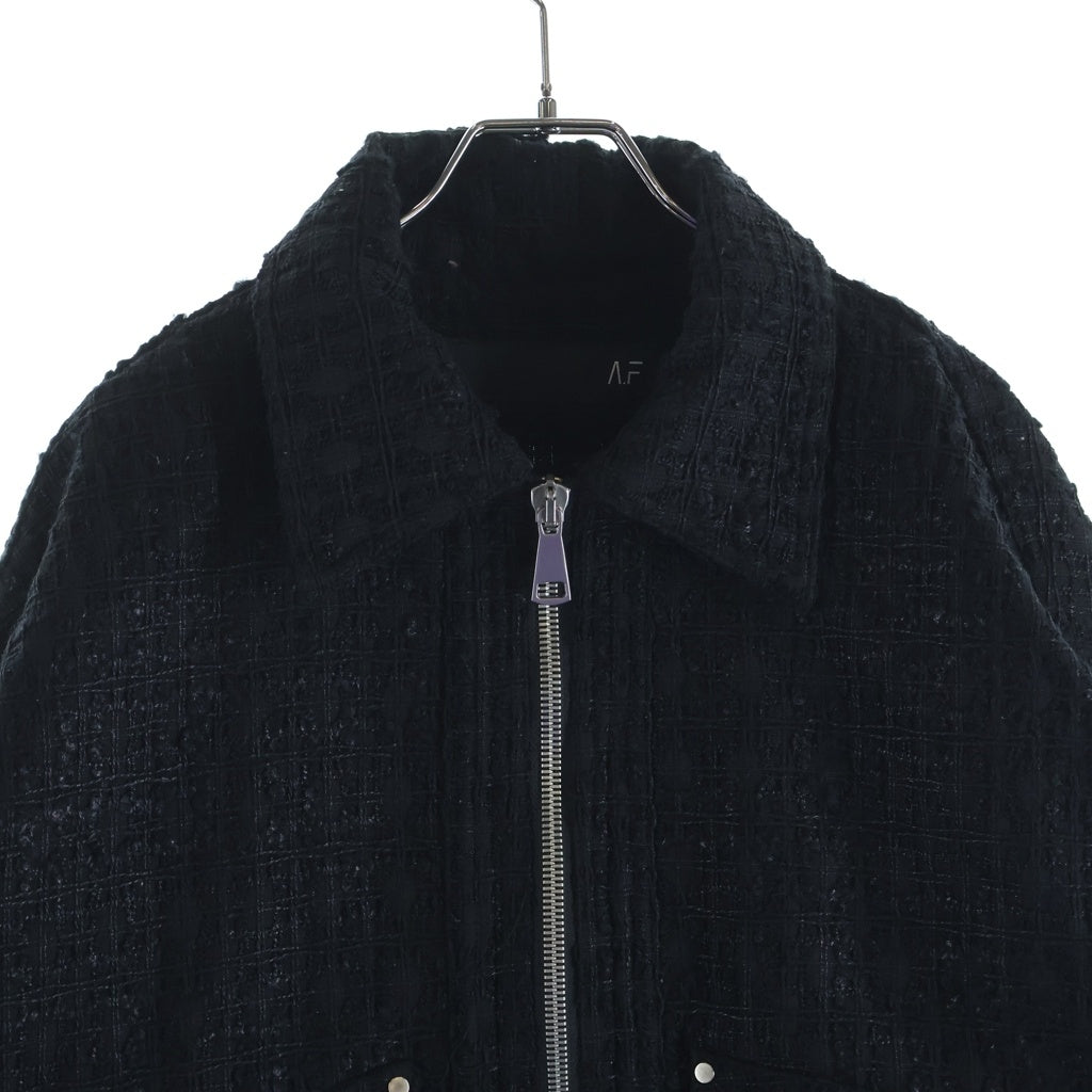 A.F ARTEFACT(エーエフアーティファクト) TUCK SLEEVE JACKET LUXURY TWEED タッグスリーブ ツイード ジップアップジャケット ブラック