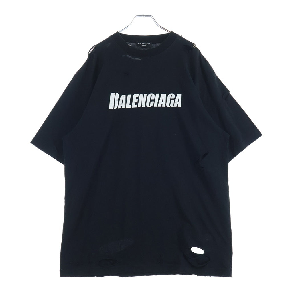 BALENCIAGA(バレンシアガ) DESTOROYED LOGO OVERSIZED T-SHIRT 半袖 クルーネック Tシャツ ブラック 651795 TKVB8