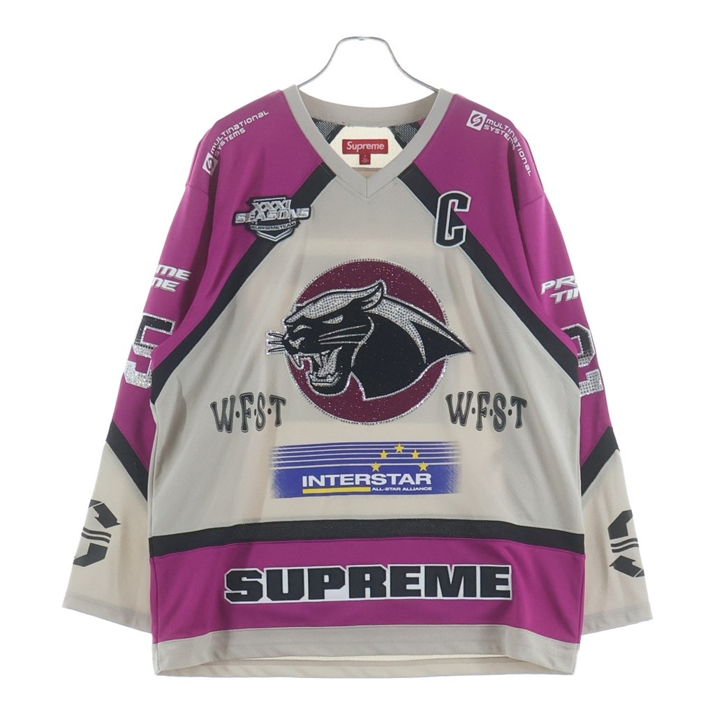 SUPREME(シュプリーム) 25SS Rhinestone Hockey Jersey ラインストーンホッケージャージ パンサー ゲームシャツ 長袖カットソー ピンク