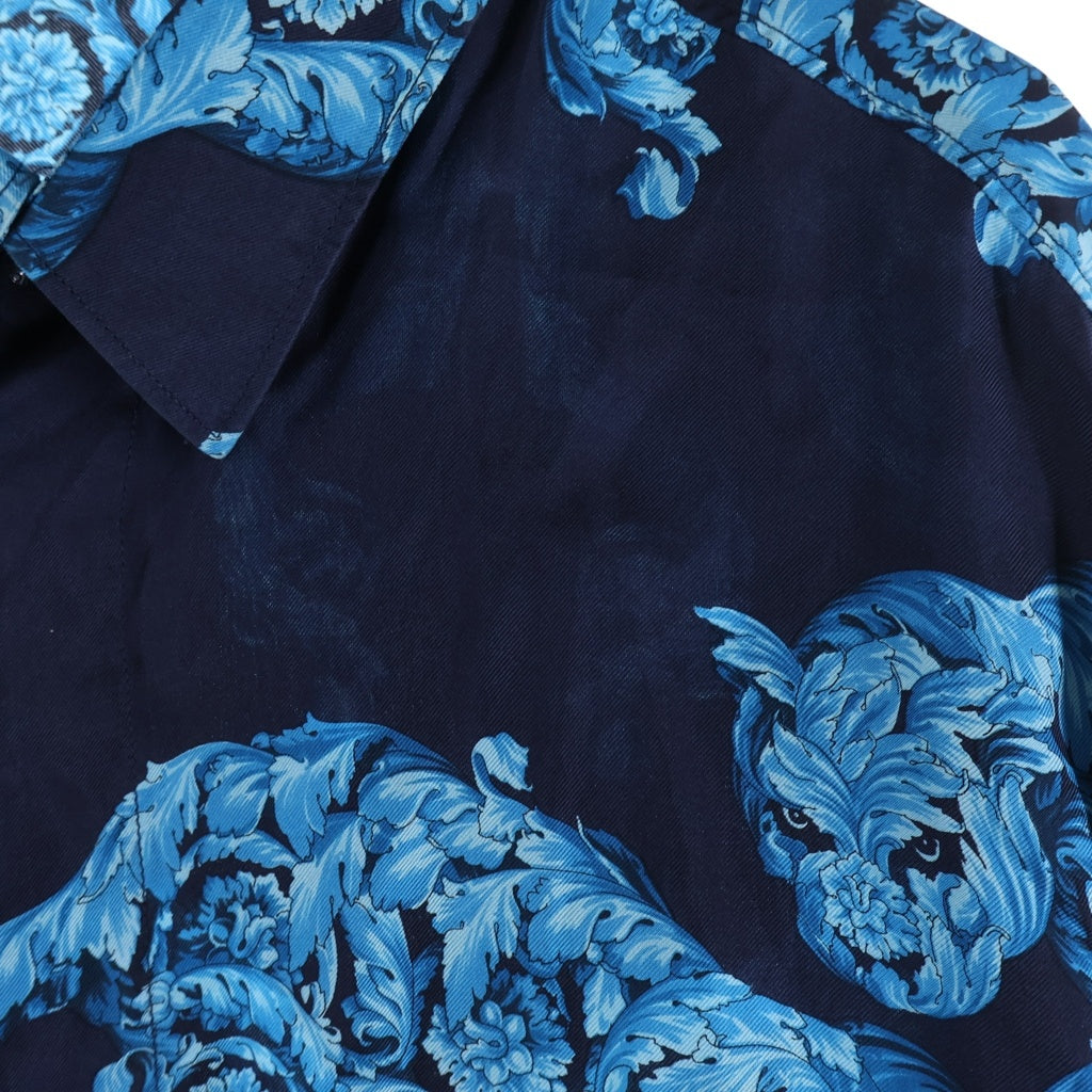 VERSACE COLLECTION(ヴェルサーチコレクション) ヒョウ柄 シルク 長袖シャツ ネイビー/ブルー V300099