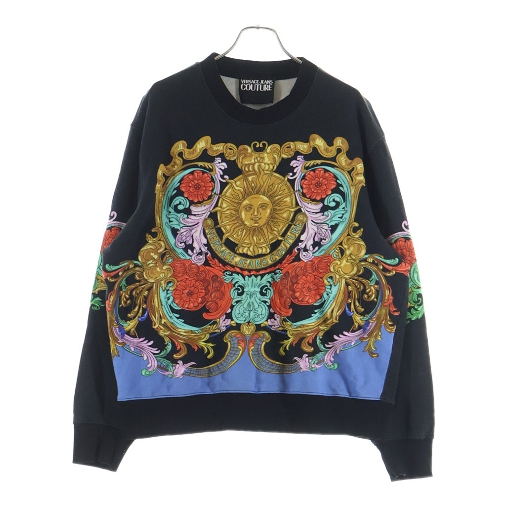 VERSACE JEANS COUTURE(ヴェルサーチジーンズクチュール) Barok Desenli Sweatshirt バロック柄 クルーネックスウェット トレーナー ブラック/マルチカラー 72GAI3RS