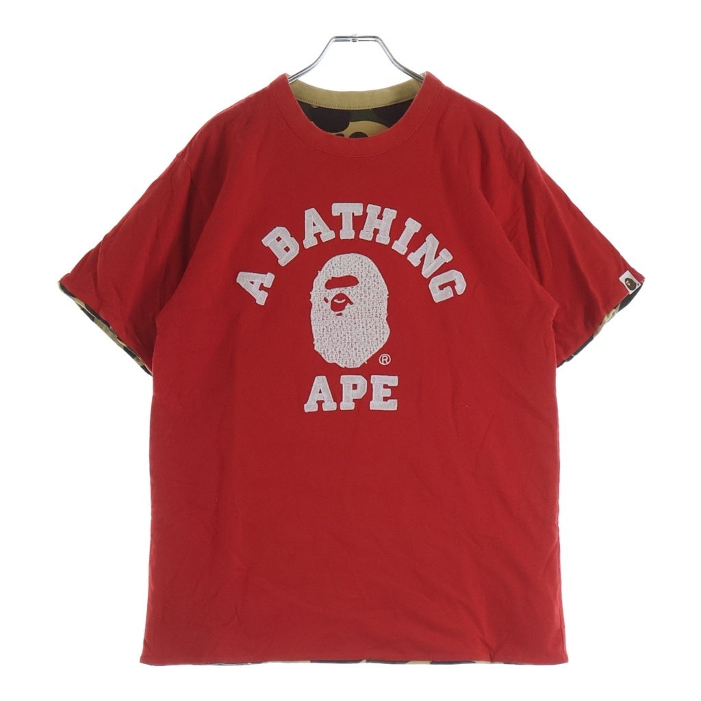 A BATHING APE(アベイシングエイプ) 裏地カモ サルカモロゴ刺繍 半袖Tシャツ カットソー レッド