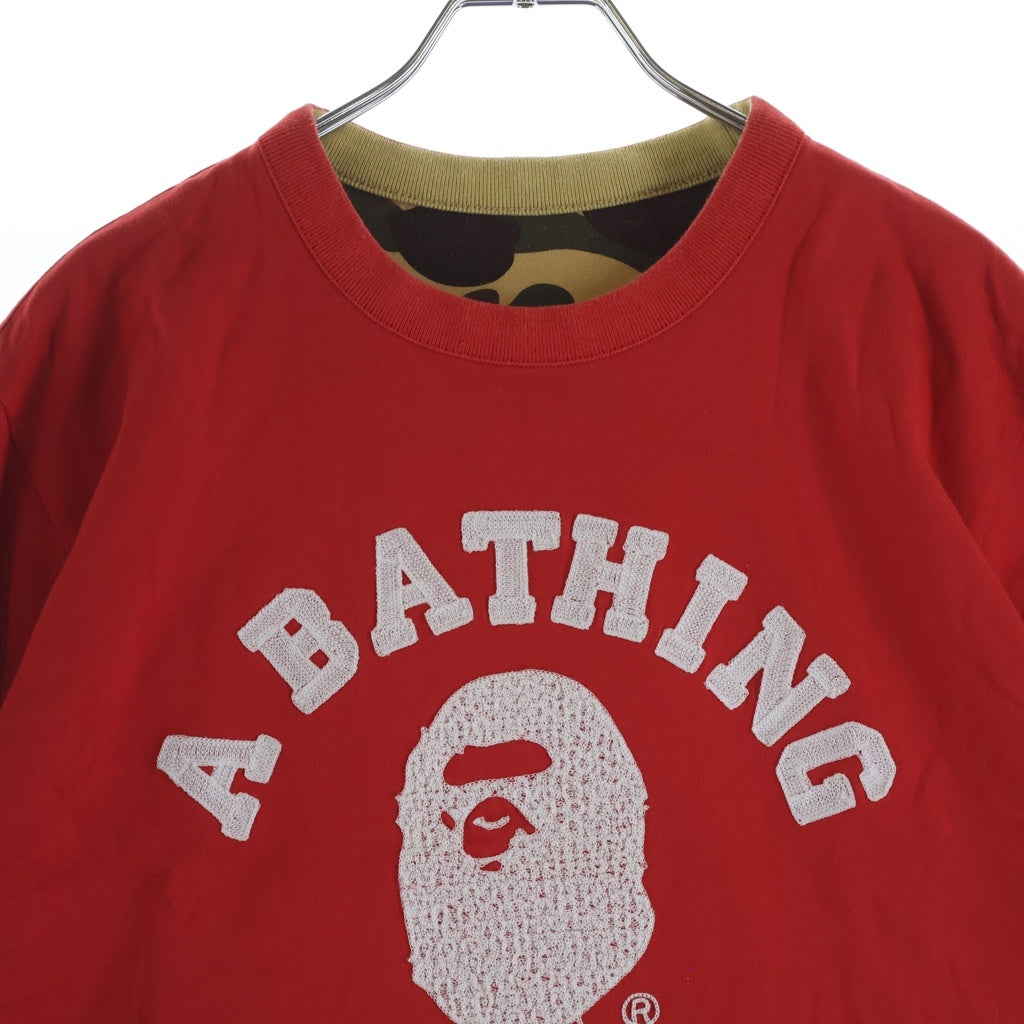A BATHING APE(アベイシングエイプ) 裏地カモ サルカモロゴ刺繍 半袖Tシャツ カットソー レッド