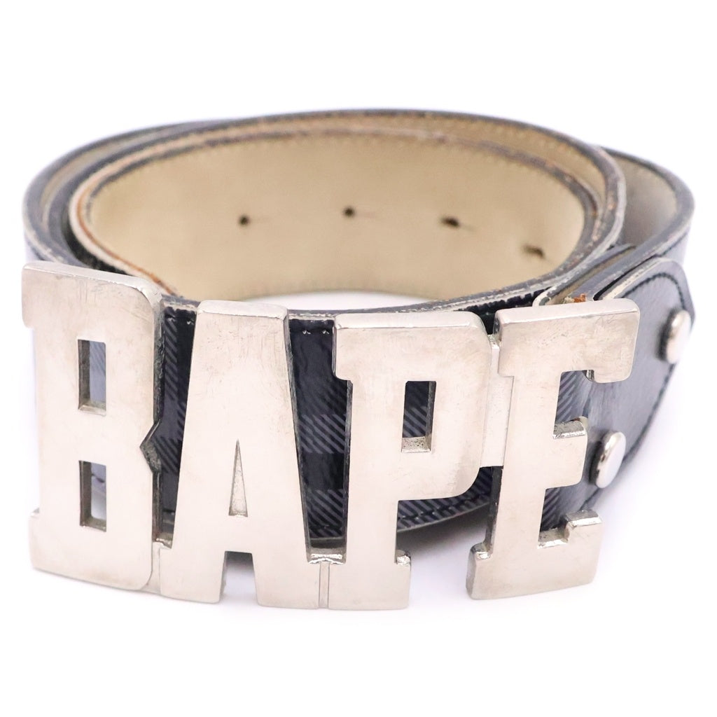 A BATHING APE(アベイシングエイプ) BAPE プレートロゴ レザーベルト シルバー/グレー