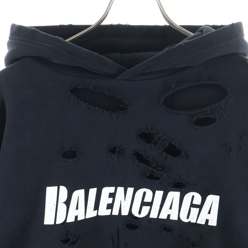 BALENCIAGA(バレンシアガ) Caps Destroyed Hoodie デストロイ加工 スウェット プルオーバーパーカー ブラック 659403