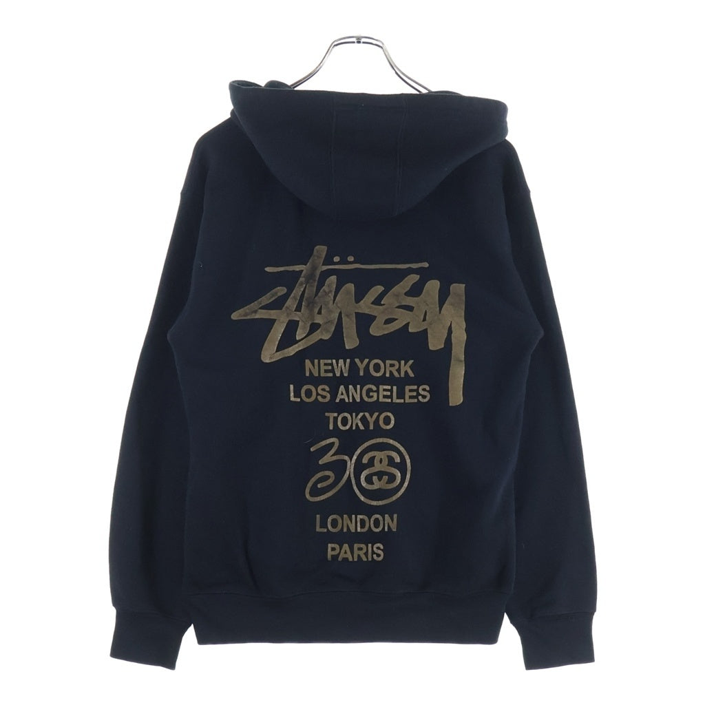 STUSSY(ステューシー) ワールドツアー バックロゴプリント ジップアップフーディー スウェットパーカー ブラック/ゴールド