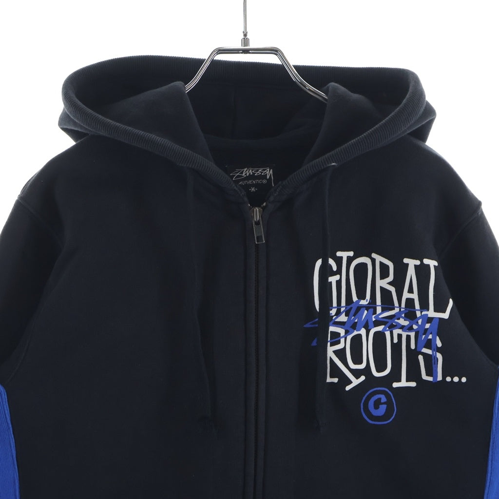 STUSSY(ステューシー) 00S GLOBAL ROOTS 金タグ フロントプリント ジップアップパーカー フーディー ブラック/ブルー -