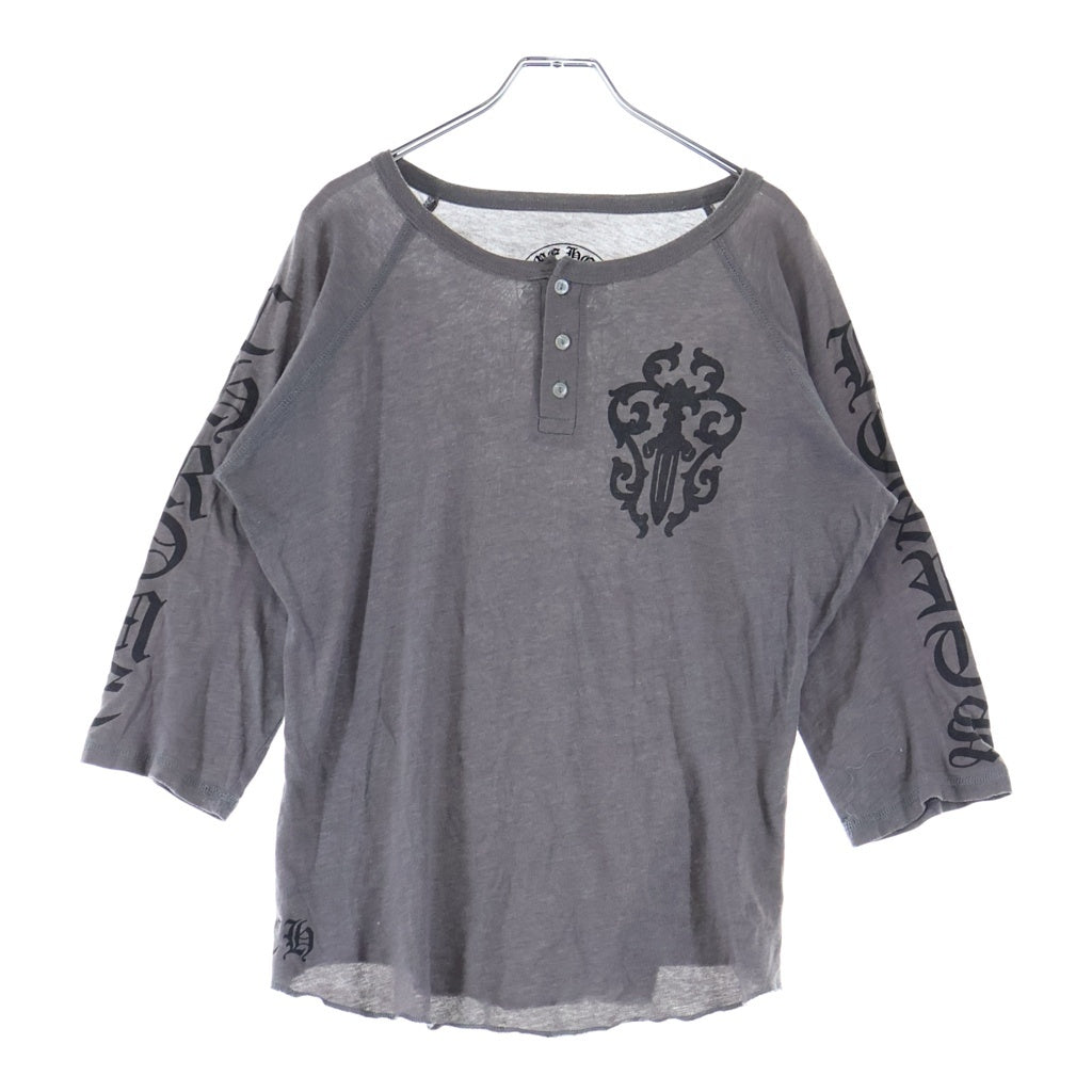 CHROME HEARTS(クロムハーツ) OLD CH CEMETARY CROSS L/S TEE セメタリークロス 両面プリント コットン ヘンリーネック 七分袖Tシャツ 長袖カットソー グレー