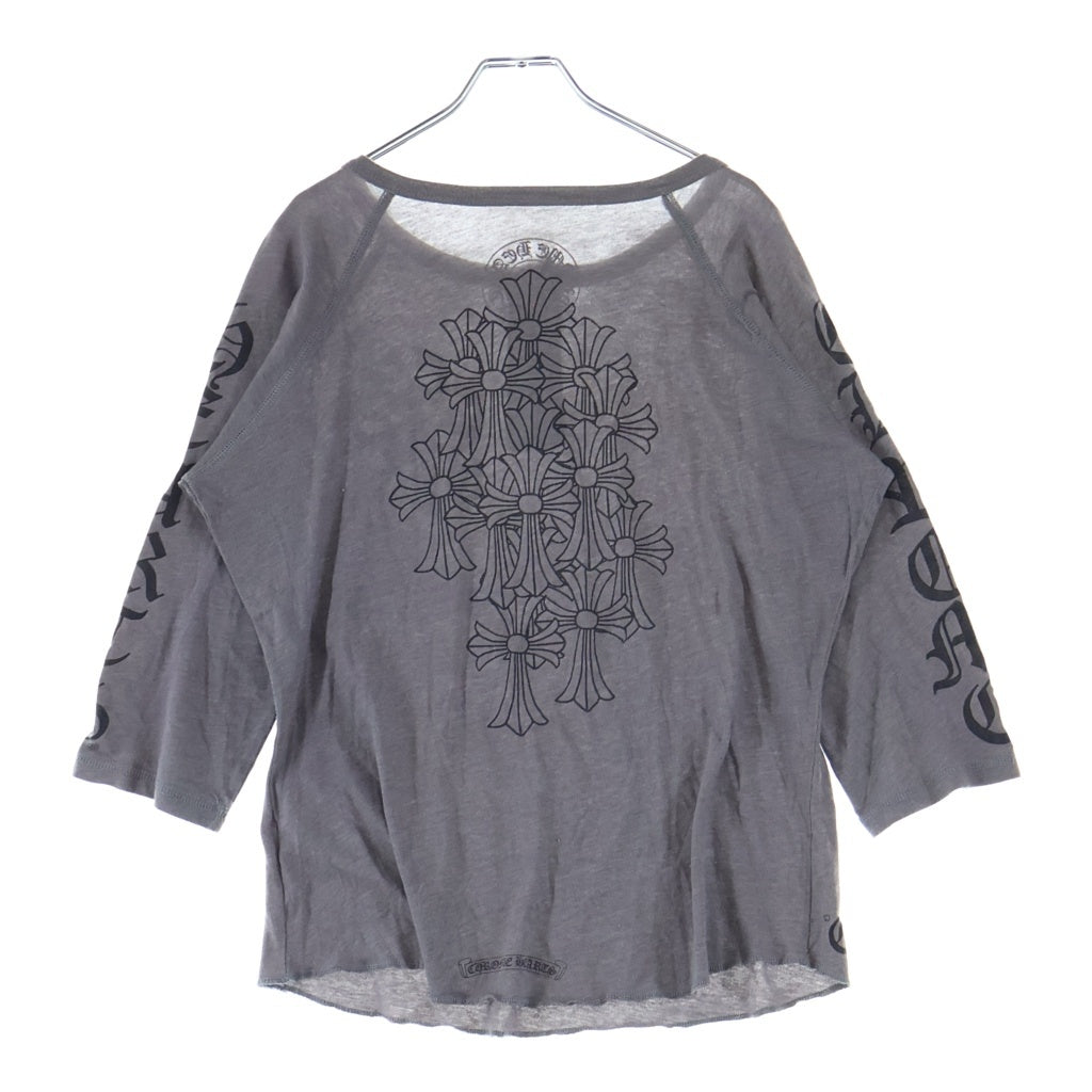 CHROME HEARTS(クロムハーツ) OLD CH CEMETARY CROSS L/S TEE セメタリークロス 両面プリント コットン ヘンリーネック 七分袖Tシャツ 長袖カットソー グレー