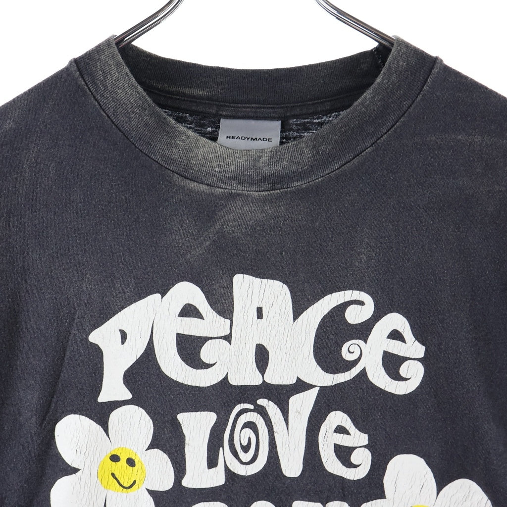 READY MADE(レディメイド) 24SS T-SHIRT PEACE ピース 両面プリント ダメージ加工 クルーネック半袖Tシャツ カットソー チャコールグレー RE-CO-BK-00-00-280