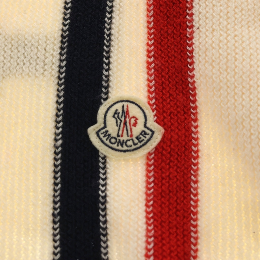 MONCLER(モンクレール) ワッペンロゴ トリコロール ウール フリンジ ロングマフラー ホワイト/レッド/ネイビー レディース