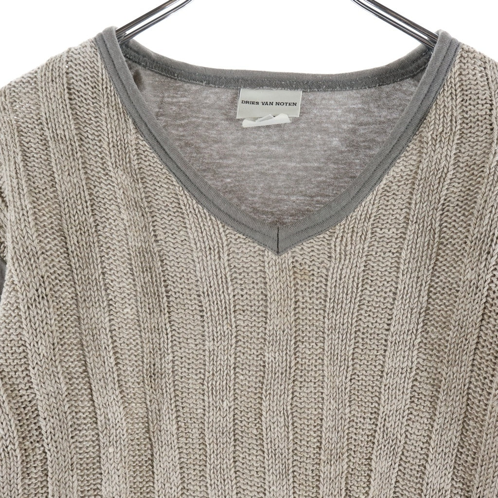 DRIES VAN NOTEN(ドリスヴァンノッテン) 90s ライカ期 リネン Vネック 素材切替 長袖セーター ベージュ 3151-7004