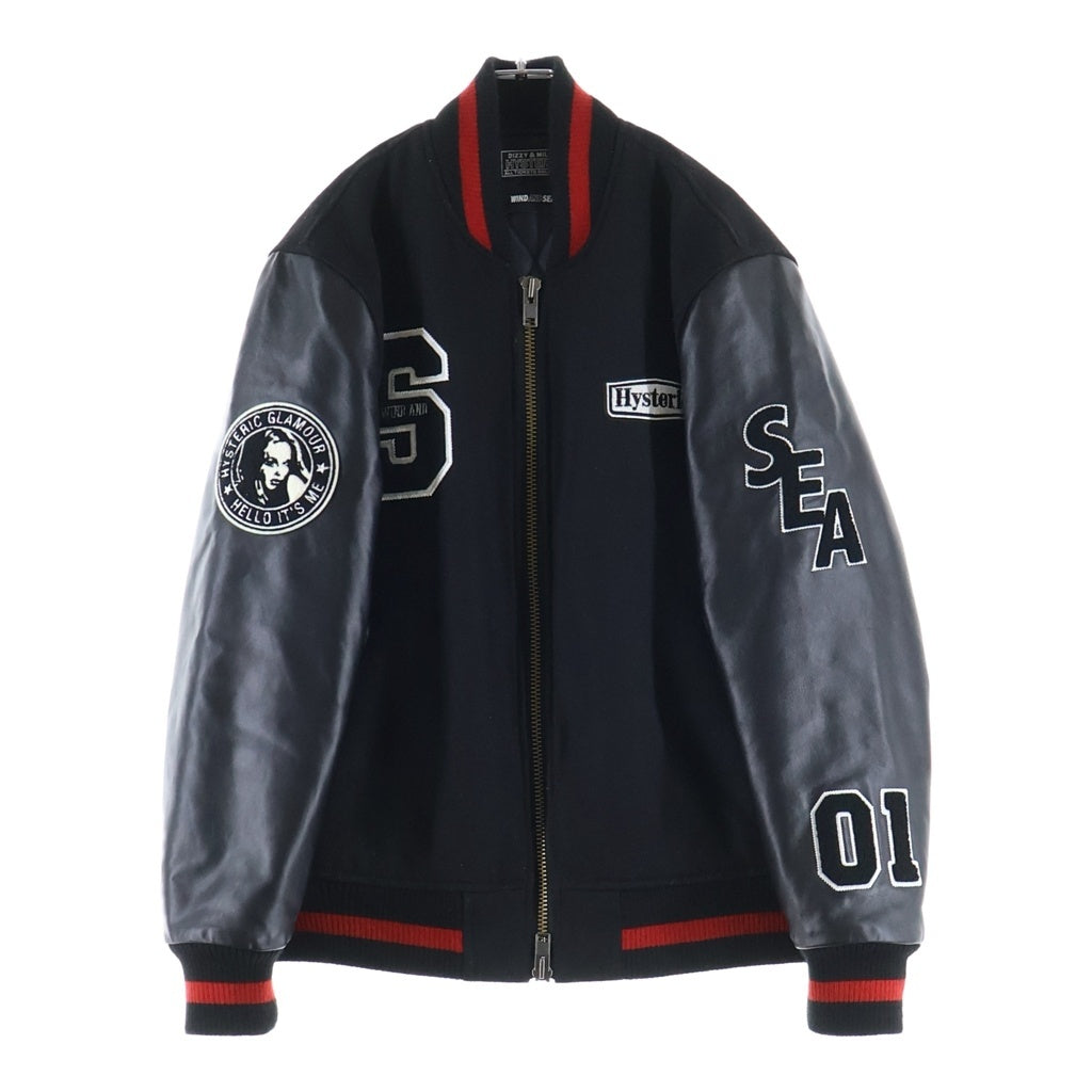HYSTERIC GLAMOUR(ヒステリックグラマー) 22AW×WIND AND SEA VARSITY JACKET ヴァーシティージャケット スタジャン ロゴパッチ ブラック WDS-C-HYS-23-AP-Q1-01