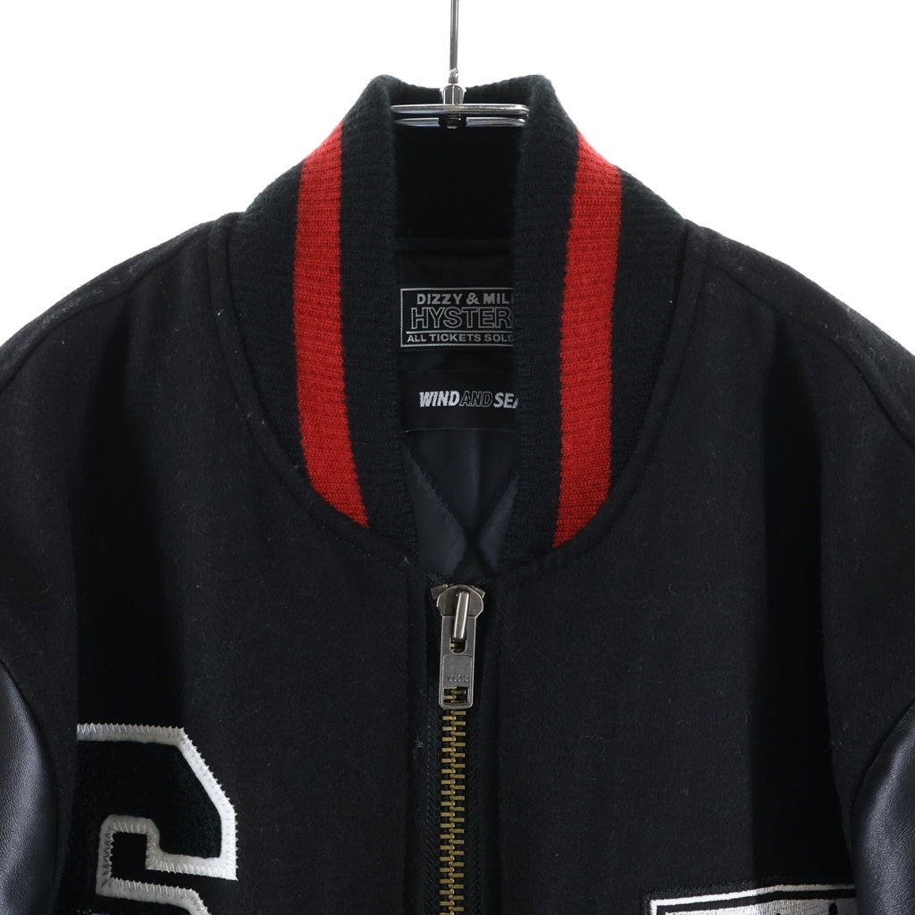 HYSTERIC GLAMOUR(ヒステリックグラマー) 22AW×WIND AND SEA VARSITY JACKET ヴァーシティージャケット スタジャン ロゴパッチ ブラック WDS-C-HYS-23-AP-Q1-01