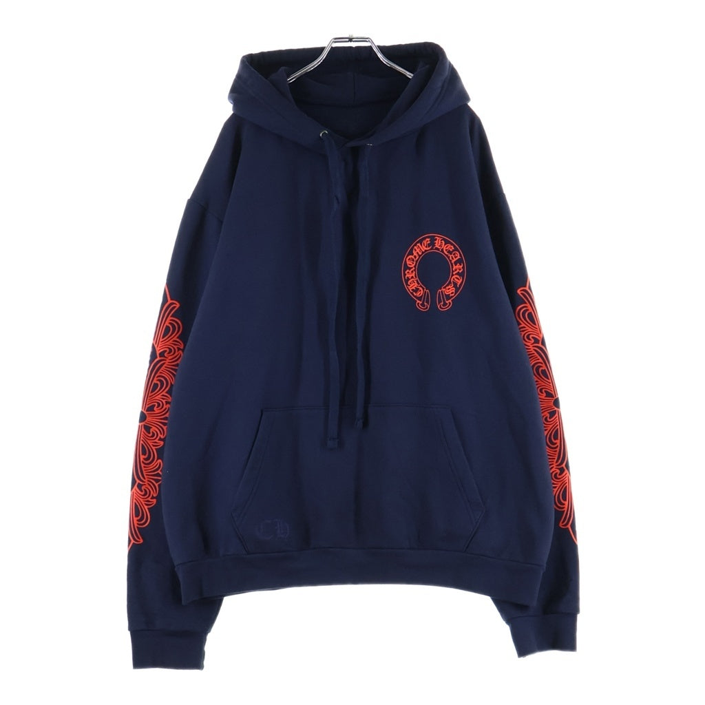 CHROME HEARTS(クロムハーツ) SWTSHRT HD PLVR バックホースシュー袖フローラルプリント プルオーバーパーカー フーディ ネイビー/レッド