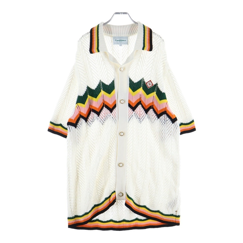 CASABLANCA(カサブランカ) 24SS KNIT CHEVRON LACE SHIRT ニット レースニット 半袖シャツ ホワイト CASABLANCA24SM-8